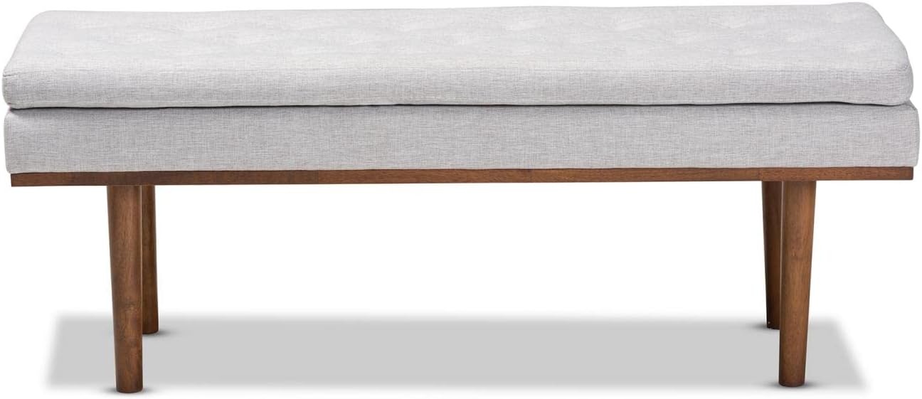 Baxton Studio Rika Mid-Century Modern Greyish Beige Fabric Upholstered Walnut Brown Finished Boomerang Bench