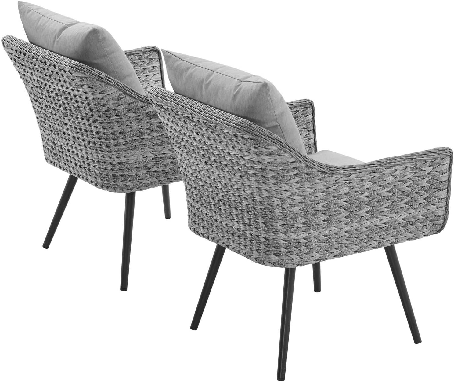 Modern Outdoor Patio Garden Side Dining Armchair Chair, Set of Two, Fabric Rattan Wicker, Grey Gray