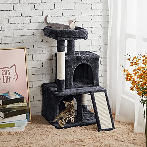 Yaheetech 36in Cat Tree Cat Tower Play House Climber Stand Furniture with Scratching Post, Plush Perch, Dangling Ball, Two Condo and Ramp, for Kittens, Cats and Pet, Black