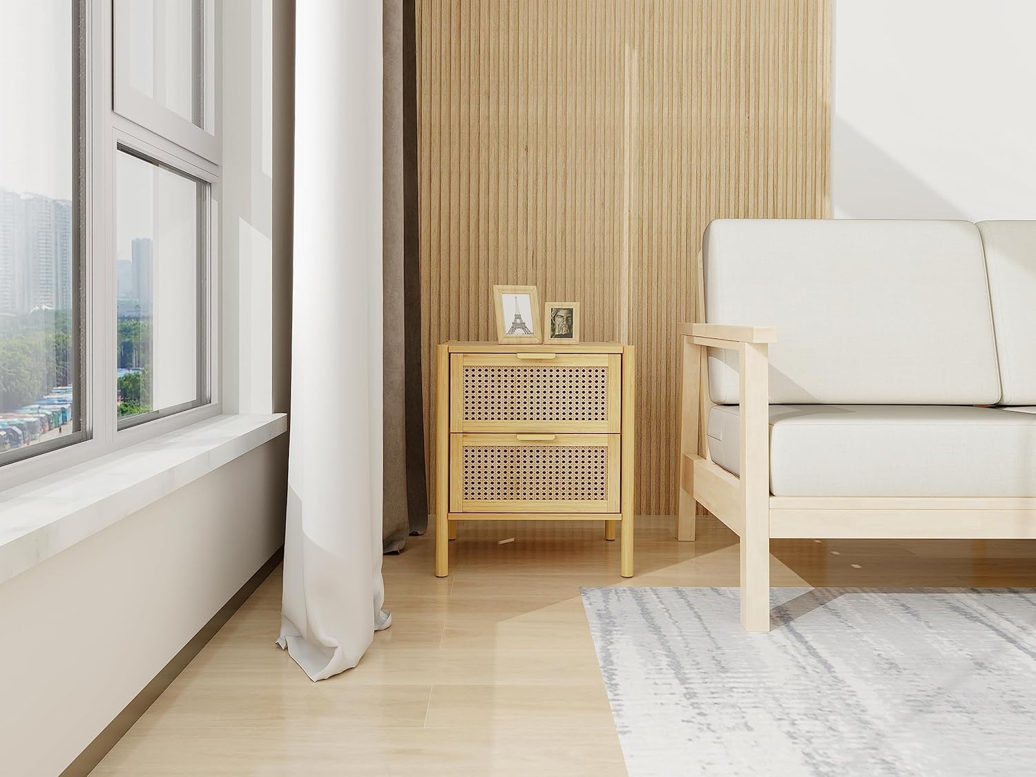 2 Drawer End Table, Bamboo and Rattan Mid Century Modern, Bedside Table Accent End Table Side Table for Bedroom, Living Room, Natural