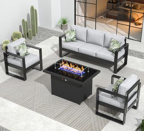 Outdoor Aluminum Furniture Set - 5 Pieces Modern Patio Conversation Sets Metal Sectional Sofa with Coffee Table