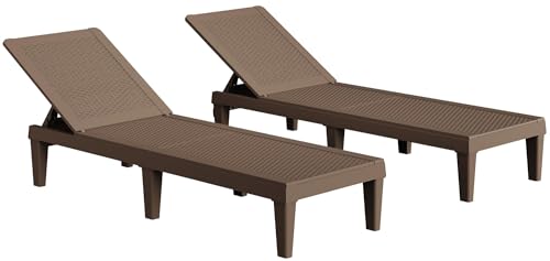 Greesum Outdoor Chaise Lounge Chairs Set of 2 with 5-Position Adjustable Backrest, Waterproof PE Sun Loungers for Garden Pool Beach Patio Deck Sunbathing, Light Coffee