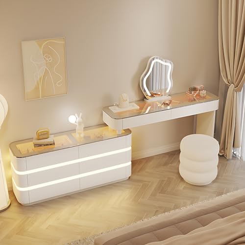 Vanity with Drawer - Modern Solid Wood Vanity Table | Including LED Makeup Mirror & Stool | Bedroom Vanity Set | New Makeup Experience (Corner-8, 48