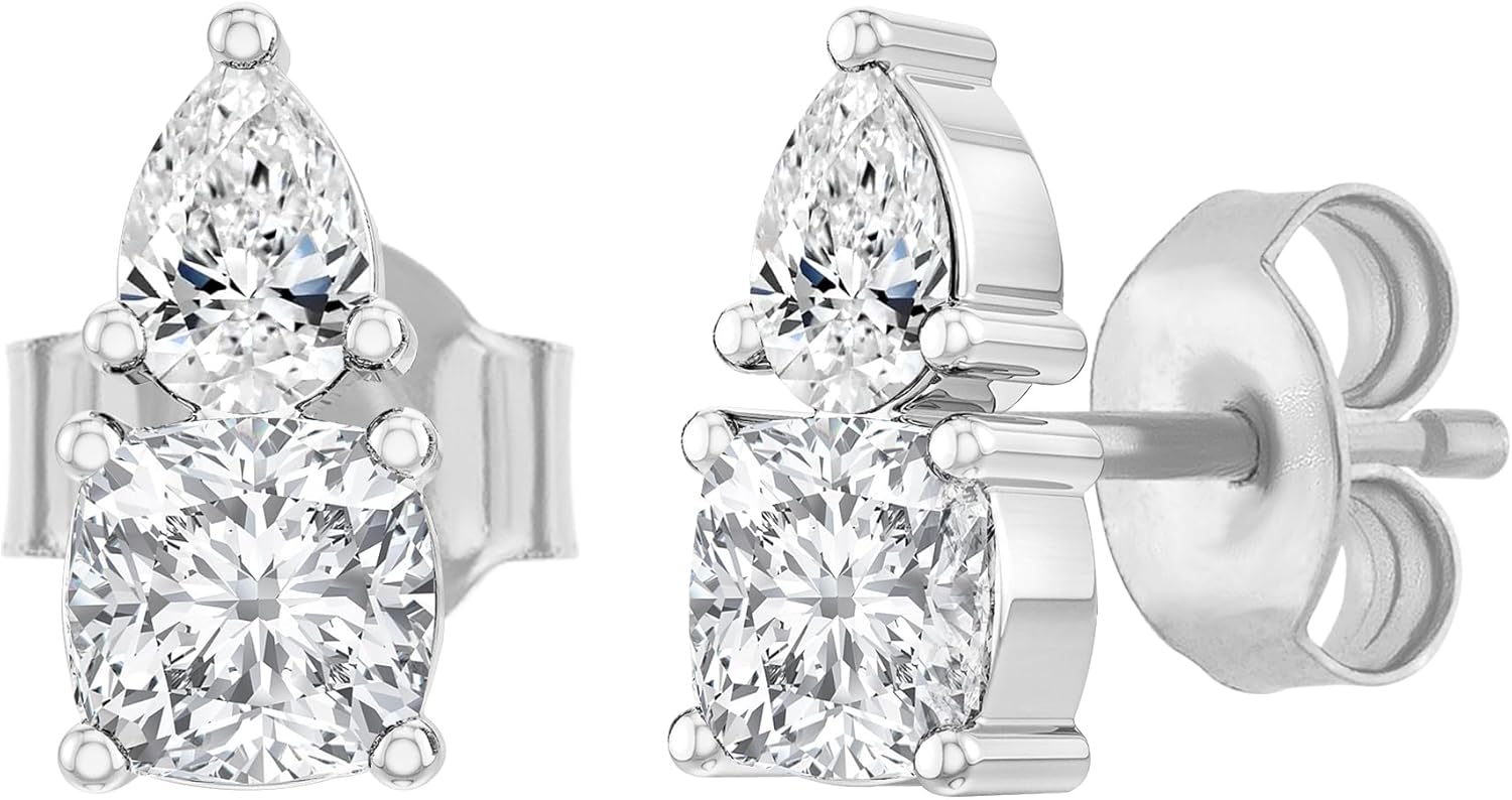 Cushion & Pear Lab Grown White Diamond 2 Stone Stud Earrings for Her in 925 Sterling Silver in Push Back
