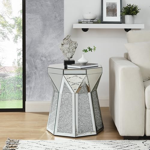 Silver Mirrored Coffee Table, Modern 2 Tier Center Table with Crystal Inlay & Stainless Steel Frame, 40