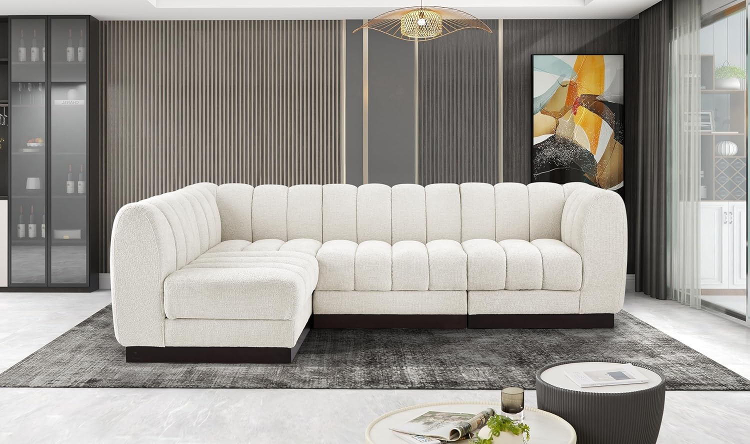 Meridian Furniture Quinn Collection Modern | Contemporary Modular Sectional with Soft Chenille Cross Hatched Fabric, Solid Wood Espresso Base, 101