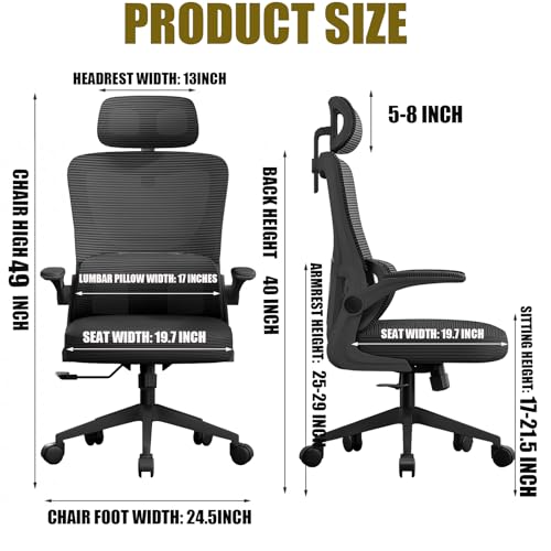 Mesh Office Chair High Back Ergonomic desk Chair with Lumbar Support and filp up Armrest Adjustable Headrest for Home Office Chair Swivel Mesh gaming Chair for Work, Study