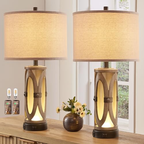 Table lamps for Living Room Set of 2, Rustic Farmhouse Nightstand Lamp with Dual USB Ports, Vintage Bedroom Bedside Lamp with Night Light for End Table Entryway, Included 2 Bulbs