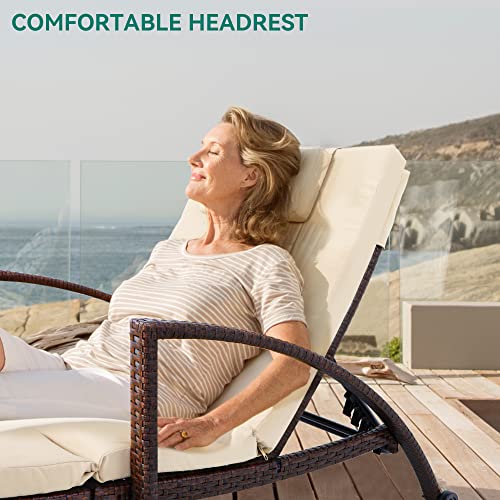 YITAHOME Outdoor Chaise Lounge Chair, PE Rattan Wicker Patio Pool Loungers with 5-Position Adjustable Backrest, Armrests, Cushion, Pillow, and Wheels for Poolside Porch Garden Beach (Brown)