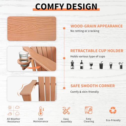 FUNBERRY Adirondack Chair,Plastic Adirondack Chairs,Wood Texture Fire Pit Chairs,Folding Adirondack Chairs,Composite Adirondack Chairs,Resin Adirondack Chairs with Cup Holder (Teak)