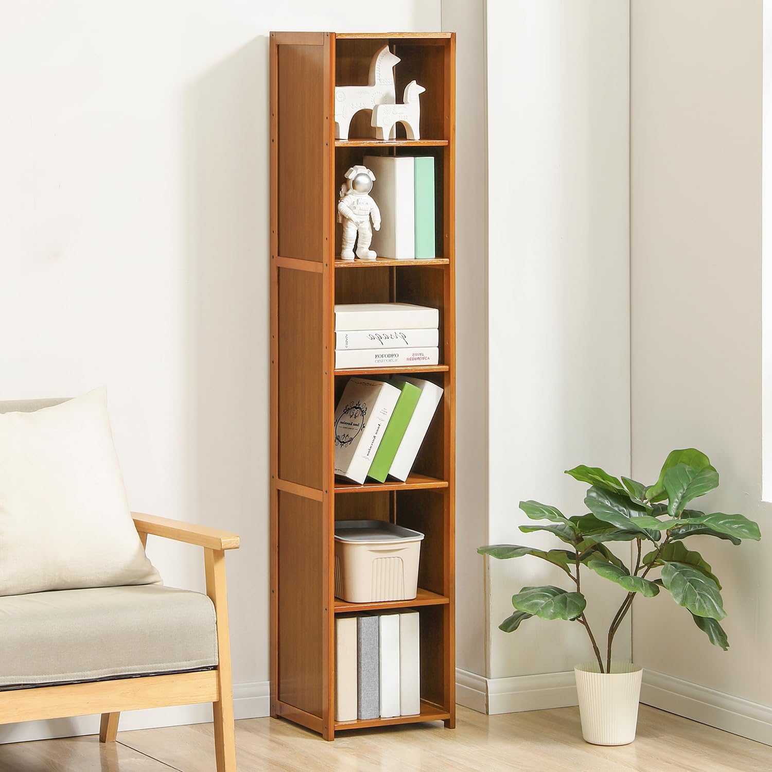 Magshion 6-Tier Narrow Bookcase Brown Media Tower Rack, 12.2