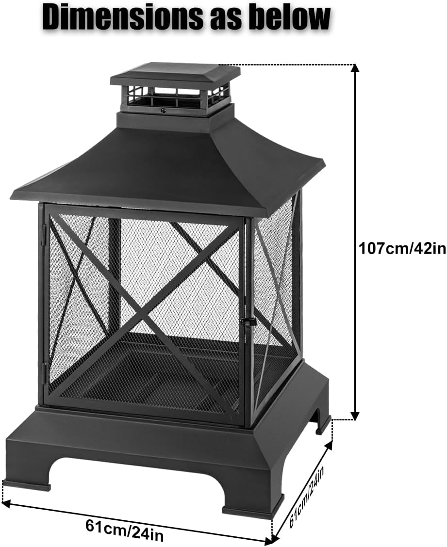 24” Square Fire pit, Outdoor Wood Burning Fire Pit & Metal Chiminea Fireplaces with Spark Screen Doors for Outside Patio Garden Backyard Bonfire Party