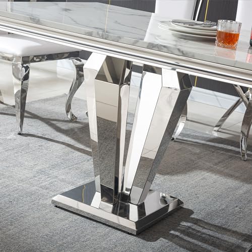 Goujxcy White Marble Dining Table Luxury Faux Marble Kitchen Table with Silver Mirrored Finish Stainless Steel Legs,70