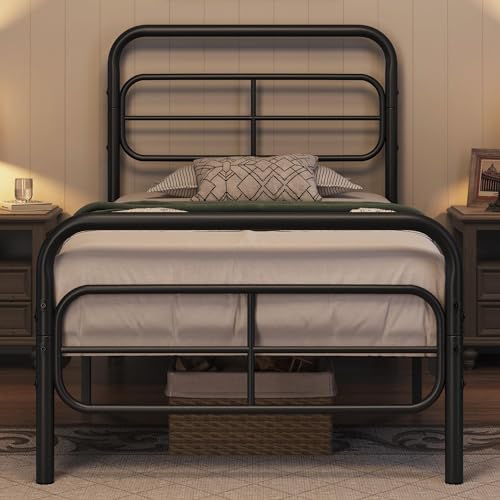 Topeakmart Queen Bed Frames Metal Platform Bed with Modern Geometric Patterned Headboard, Easy Assemble, 13 Inch Underbed Storage, No Box Spring Needed, Black