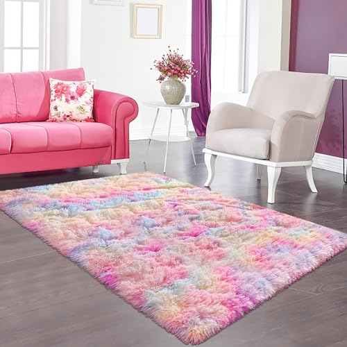 Rainbow Rugs 5x8 Fluffy Plush Area Rugs for Girls Bedroom, Shaggy Rugs for Kids Playroom, Kawaii Princess Fuzzy Rugs for Nursery Baby Toddler, Cute Colorful Room Decor for Girls Room