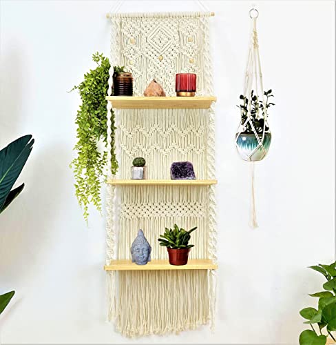 Macrame Wall Hanging Shelf-ideal décor-plants storage bookshelf-Bohemian Decorative Shelves-Boho Floating Indoor Shelving–For bedroom kitchen bathroom room with window Plant hanger 3 Tier Diamond