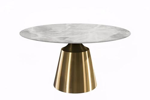 LeisureMod Round Dining Table with Glass Tabletop and Gold Stainless Steel Base for Home and Kitchen Prynn Collection, 60
