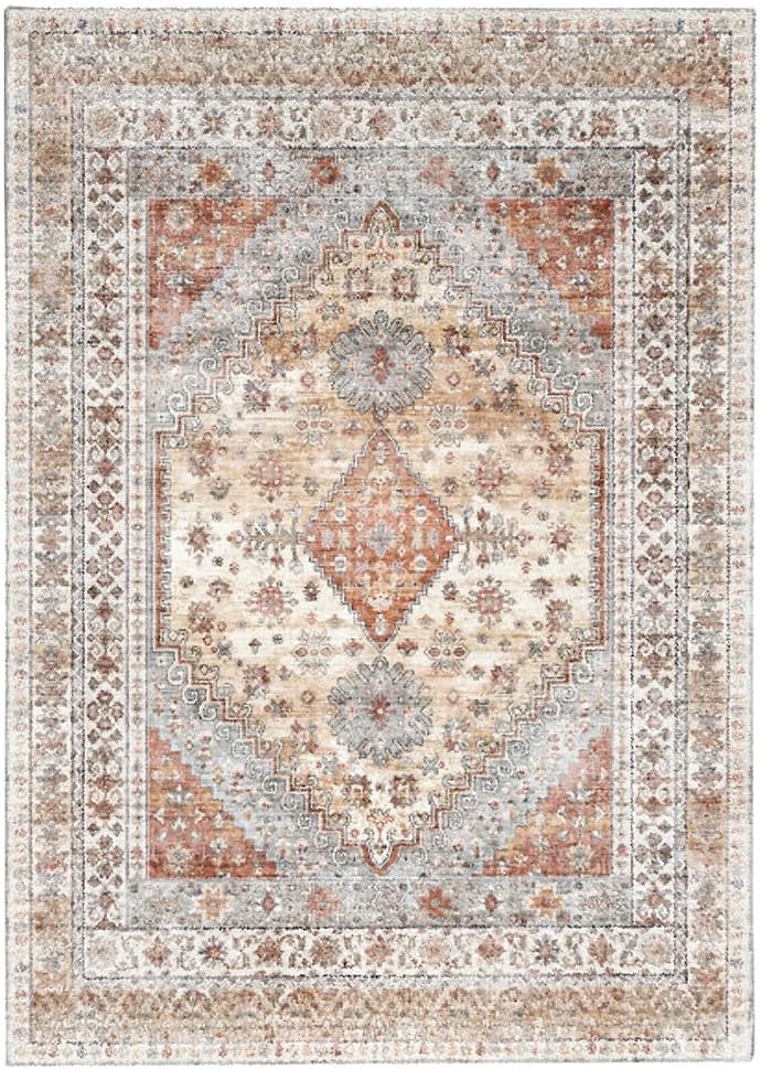 Rug for Living Room, Washable Area Rugs 5'x7' for Bedroom, Ultra-Soft Non-Shedding Faux Wool Vintage Design Boho Low Pile Mat Throw Carpet，Stain Resistant Rugs with Non-Slip Backing（Light Color）