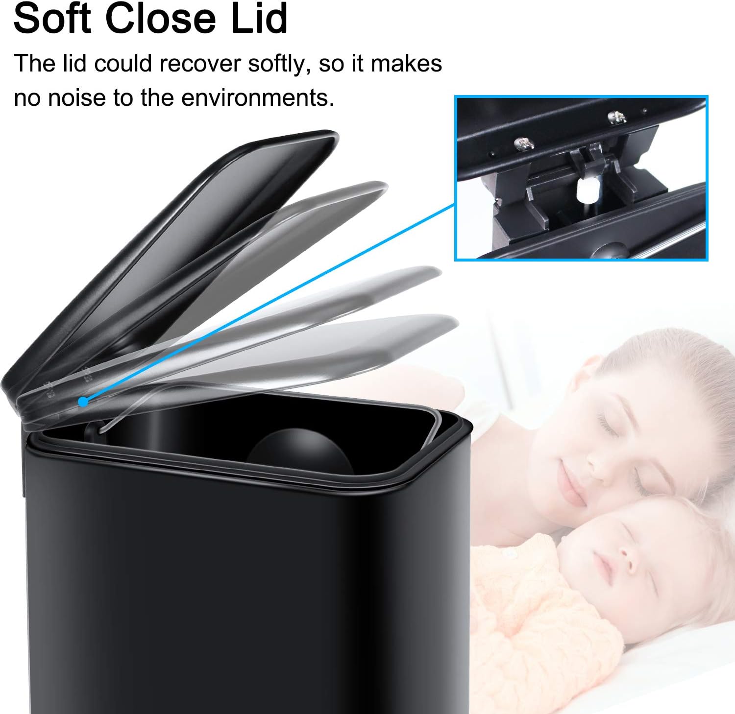 H+LUX Slim Small Bathroom Trash Can with Lid Soft Close,Black Small Trash can for Bathroom Bedroom Office with Removable Inner Wastebasket, Rectangular Foot Pedal Trash Bin, 5L/1.3Gal