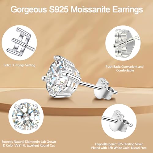 Saintda Moissanite Earrings for Women Gold/Ruthenium Vermeil 925 Sterling Silver 0.5-2ct D Color VVS1 FL Clarity Excellent Round Cut Lab Grown Diamond Stud Earrings Women Girls Jewelry Gifts