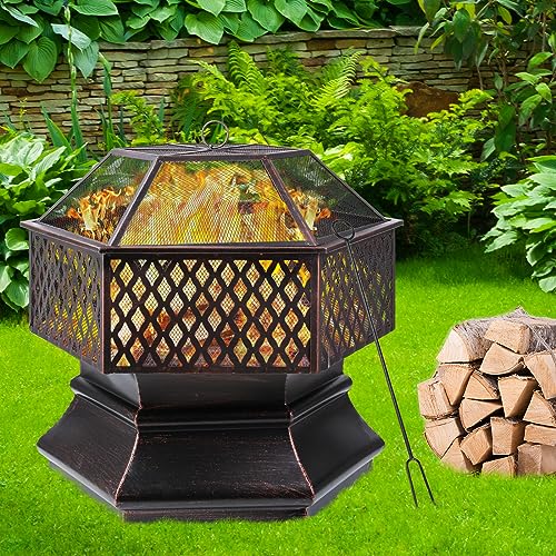 Outdoor Steel Fire Pit, Hex-Shaped Firebowl with Grill Mesh, Wood Coal Burning Fireplace, Fire bowl w/Flame-Retardant Mesh Lid & Poker, Portable Patio Picnic Bonfire BBQ (28“)