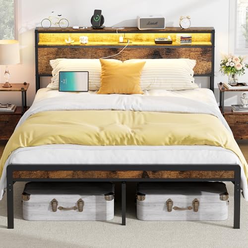 Full Size Bed Frame with LED Light and Charging Station, 2 Tier Storage Headboard, Heavy Duty Metal Slats, No Box Spring Needed, Easy Assembly, Vintage Brown
