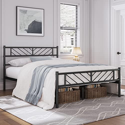 Topeakmart Queen Size Metal Platform Bed with Arrow Design Headboard and Footboard, 13 Inches Underbed Storage, 12 Built-in Steel Slats, No Box Spring Needed, Black