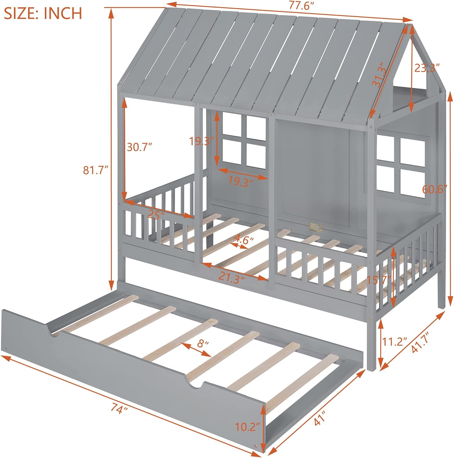 Twin Size House Bed with Twin Trundle, Wooden House-Shaped Daybed with 2 Windows and Safety Full-Length Guardrails for Kids Boys Girls Bedroom, A Beautiful Piece for Bedroom, Gray