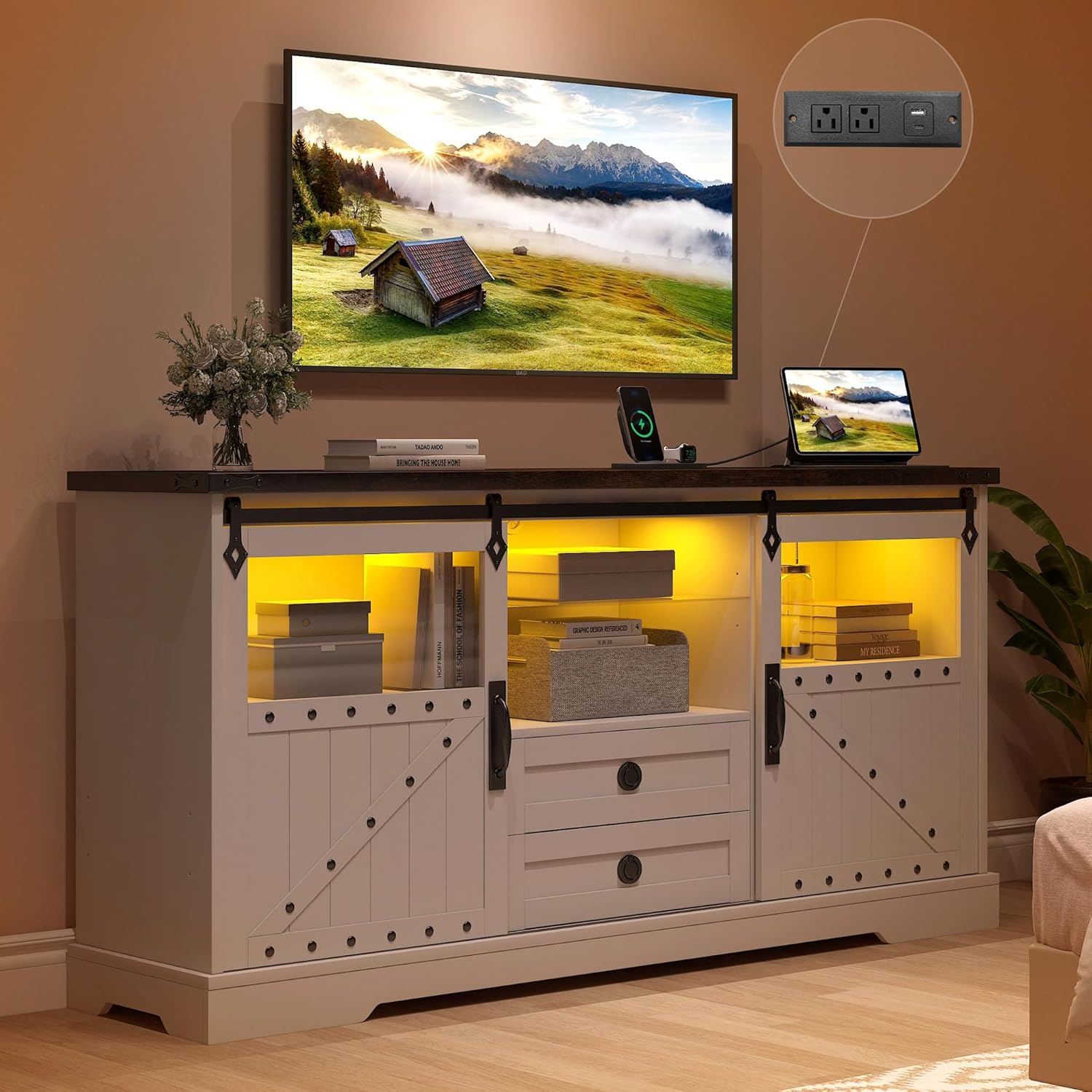 Alohappy Farmhouse LED TV Stand w/Charging Station & USB C Ports, White TV Stand for 65 inch TV Entertainment Center w/Outlets, Sliding Barn Door TV Media Console Table for Living Room, Bedroom 59