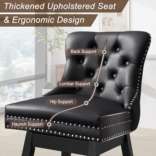 Swivel Bar Stool with Back, Faux Leather Counter Height Bar Stools, Upholstered Tufted Counter Height Chairs, Solid Wood Legs, (Brown, 30