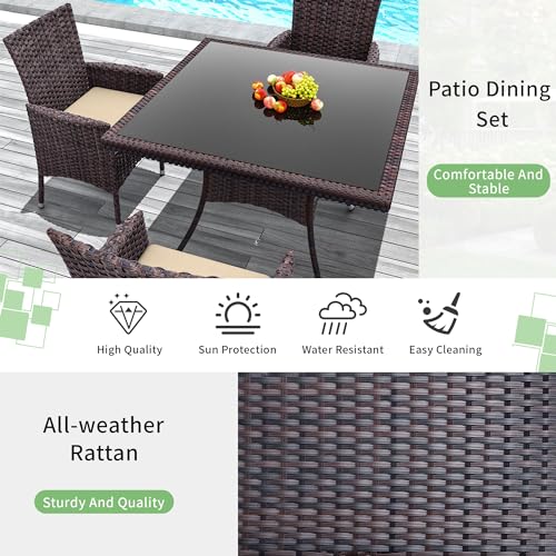 5 Piece Outdoor Dining Set,Rattan Patio Conversation Set of 4 Chairs,Patio Dining Table and Chairs w/Cushions,Square Glass Tabletop,Umbrella Cutout for Patio,NavyBlue