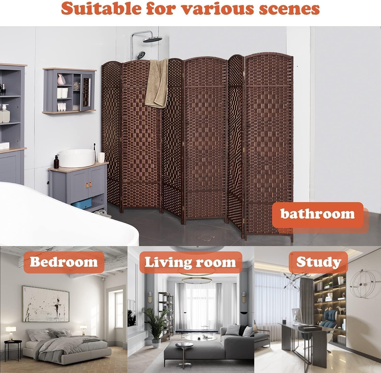 Room dividers 6 ft Folding Privacy Screen, Tall Extra Wide Partition Foldable Panel Wall Divider(Brown, 6 Panel)