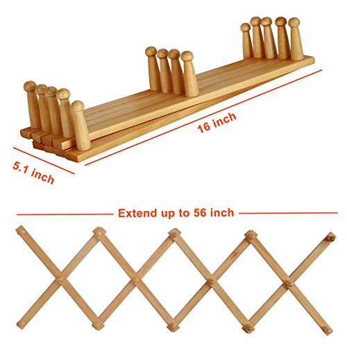 Dseap Accordian Wall Hanger: 16” High Wooden Wall Expandable Coat Rack, Hat Rack Holder, Accordion Hook for Baseball Caps, Coats, Mugs, 20 Peg Hooks, Natural