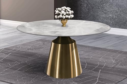 LeisureMod Round Dining Table with Glass Tabletop and Gold Stainless Steel Base for Home and Kitchen Prynn Collection, 60