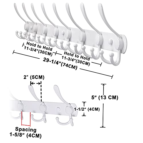 Dseap Coat Rack Wall Mount - 29.5” Long 8-Tri-Hooks Heavy Duty Coat Hanger Rail Wall Hooks for Hanging Coats Hats Clothing Clothes Purse Mudroom Entryway, White