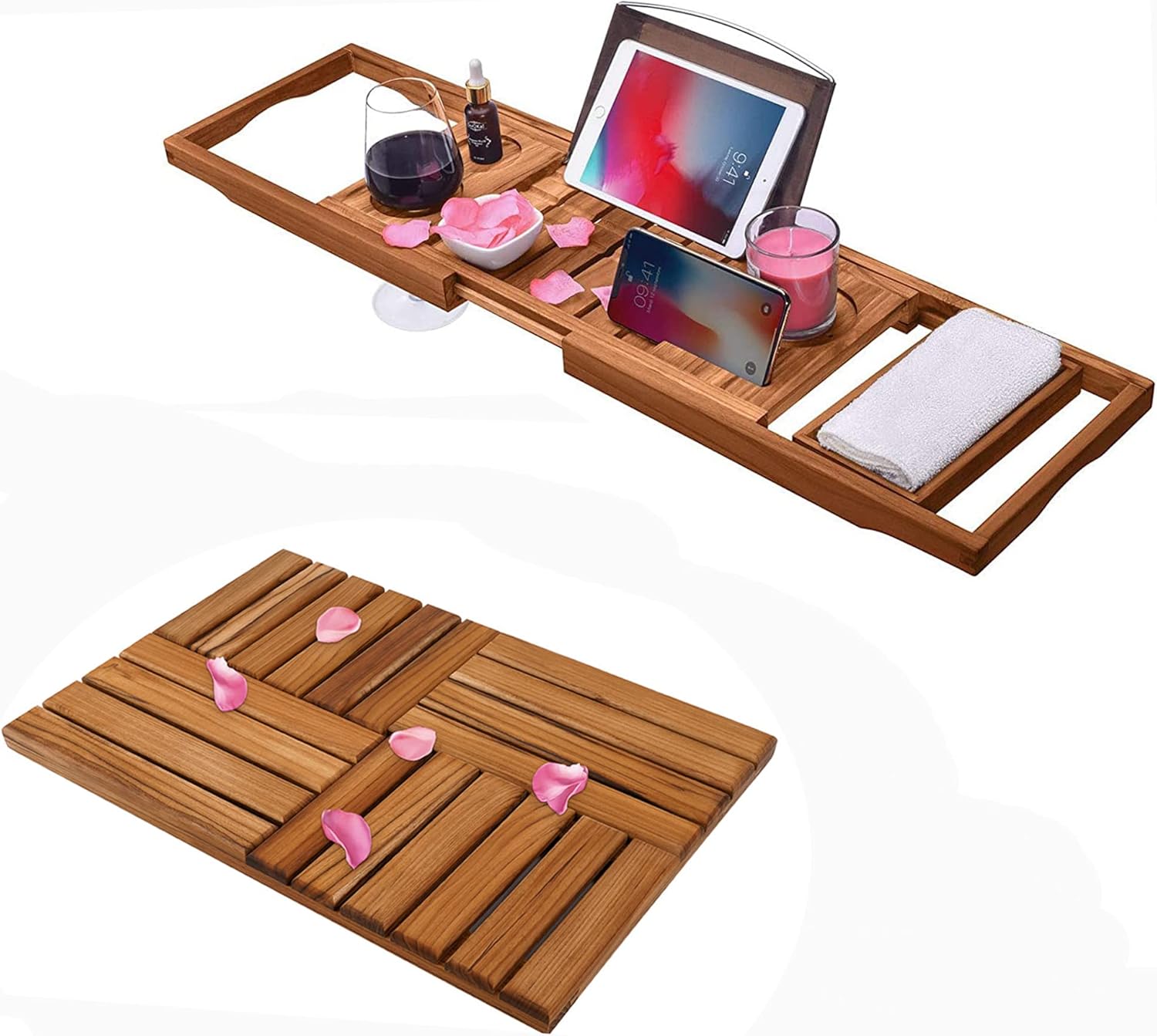 Utoplike Teak Bathtub Caddy Tray Bath Tray for Tub and Teak Wood Bath Mat, Wooden Shower Mat for Bathroom, 24 x 16 inch Non Slip