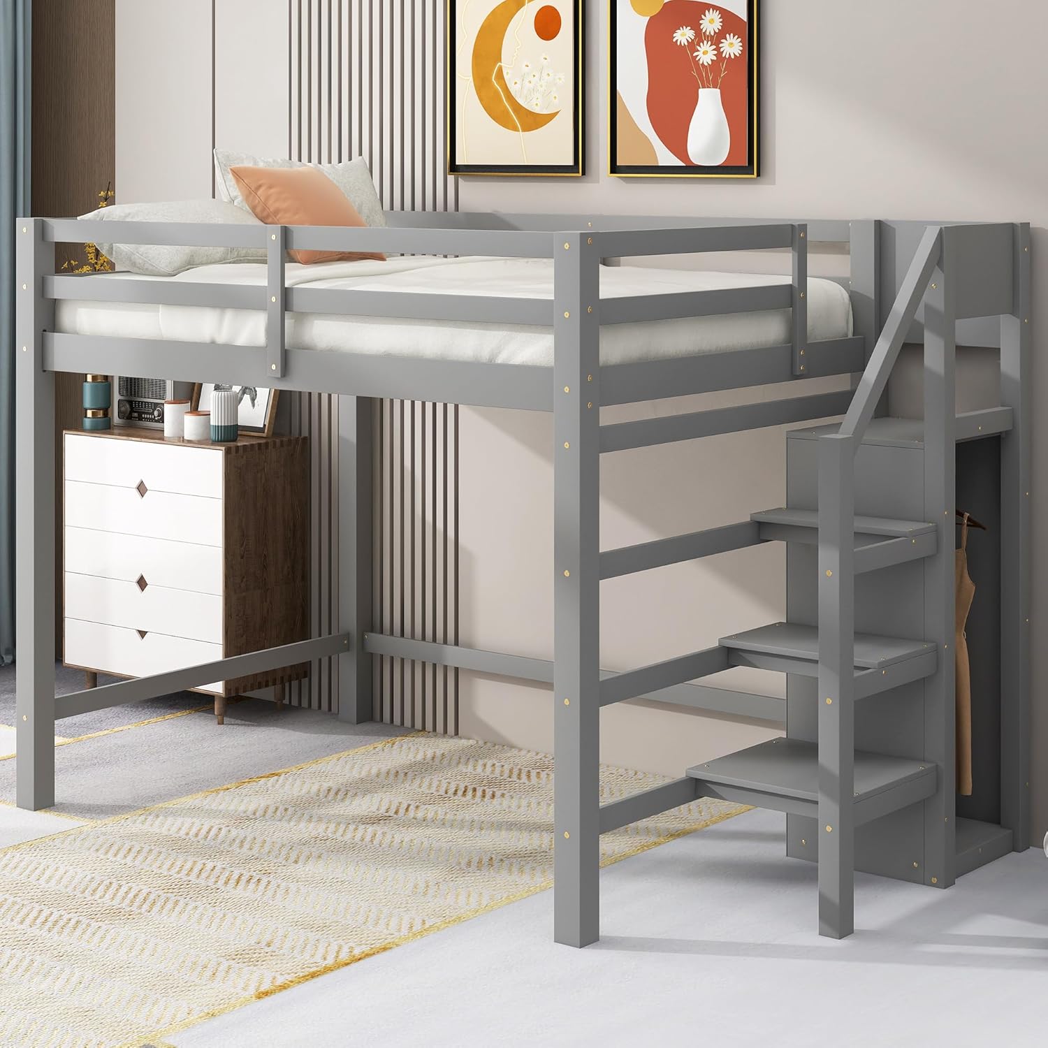 Bellemave Full Size Loft Bed with Storage Staircase and Wardrobe for Clothes,Wood Loft Bed Frame with Stairs for Teens,Kids,Space Saving(Gray)