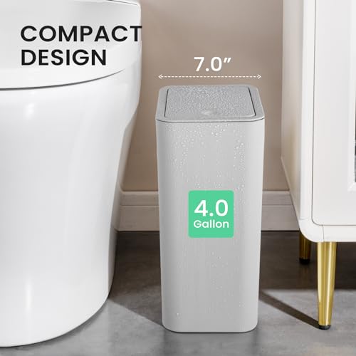 Cesun Bathroom Trash Can with Lid, 4.0 Gallon / 15 Liter Small Garbage Can with Press Top Lid, Plastic Wastebasket with Pop-up Lid for Toilet, Office, Bedroom, Living Room, White