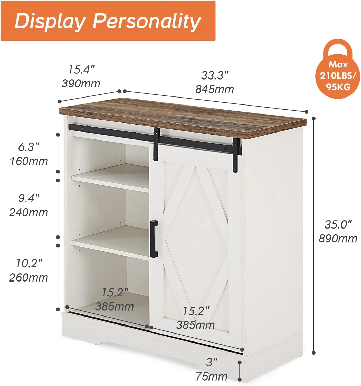 Coffee Bar Cabinet with Barn Doors Farmhouse Sideboard Buffet Cabinet with Storage for Living Room Dinning Room White 33inch