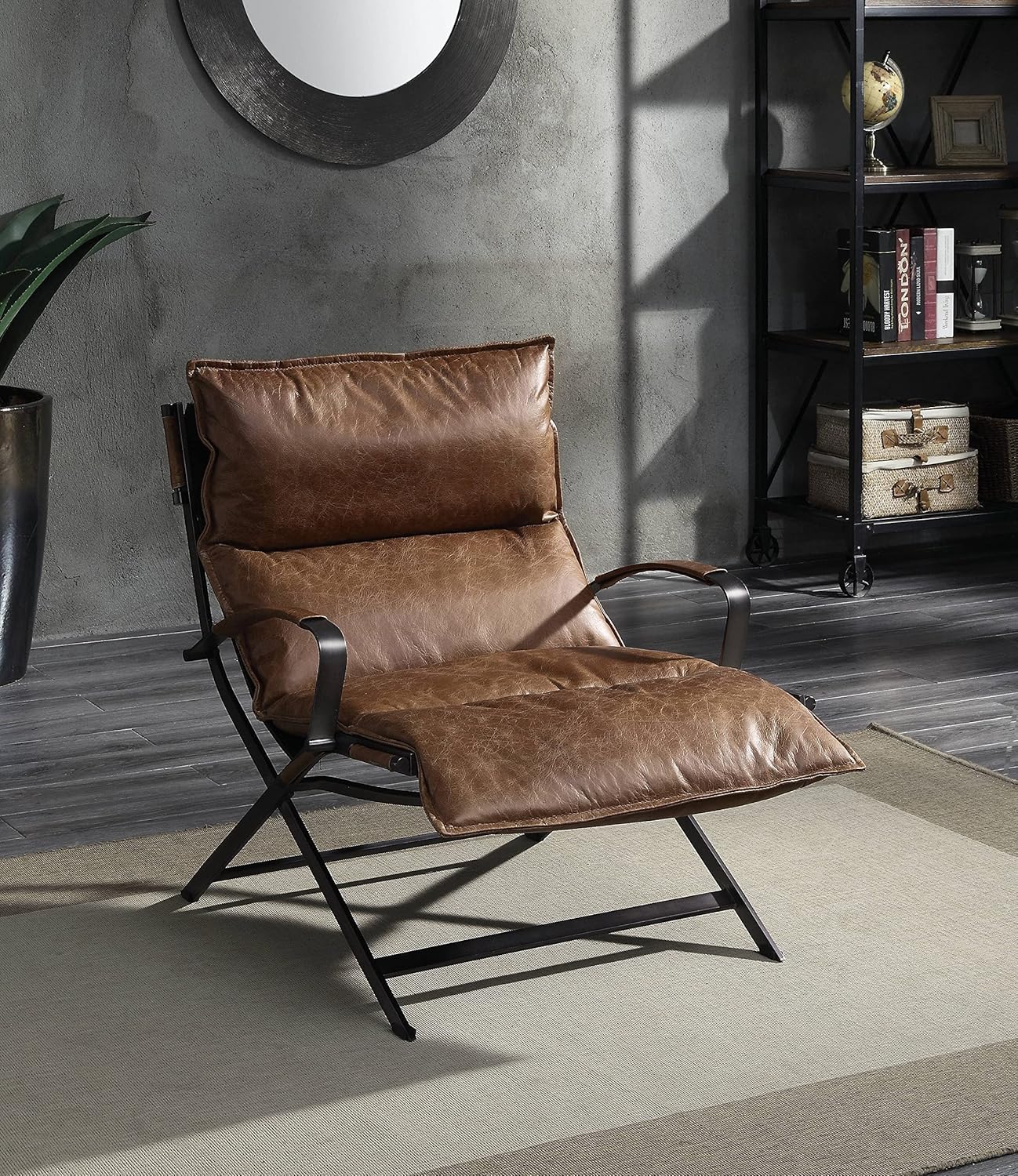 Acme Zulgaz Accent Chair in Cocoa Top Grain Leather and Matt Iron