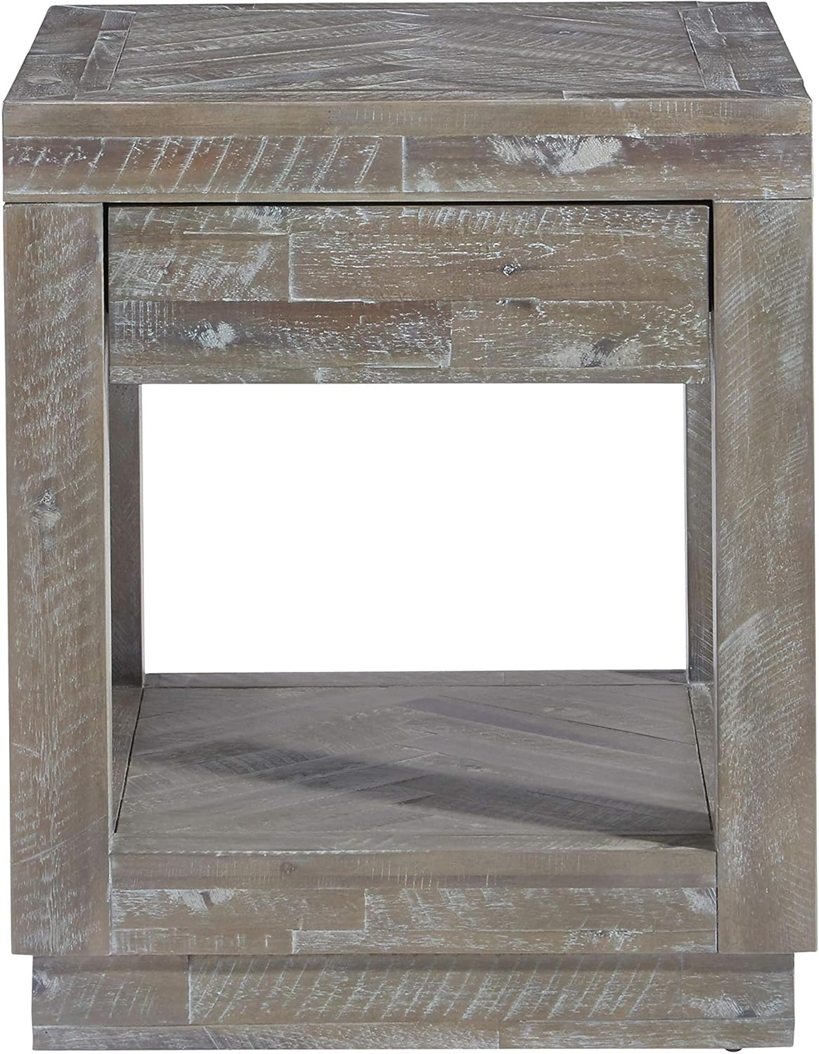 Modus Herringbone Solid Wood One Drawer End Table in Rustic Latte