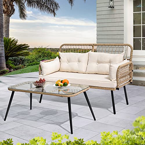 YITAHOME 2-Piece Patio Furniture Wicker Outdoor Loveseat, All-Weather Rattan Conversation for Backyard, Balcony and Deck with Soft Cushions and SideTable (Light Brown+Navy Blue)