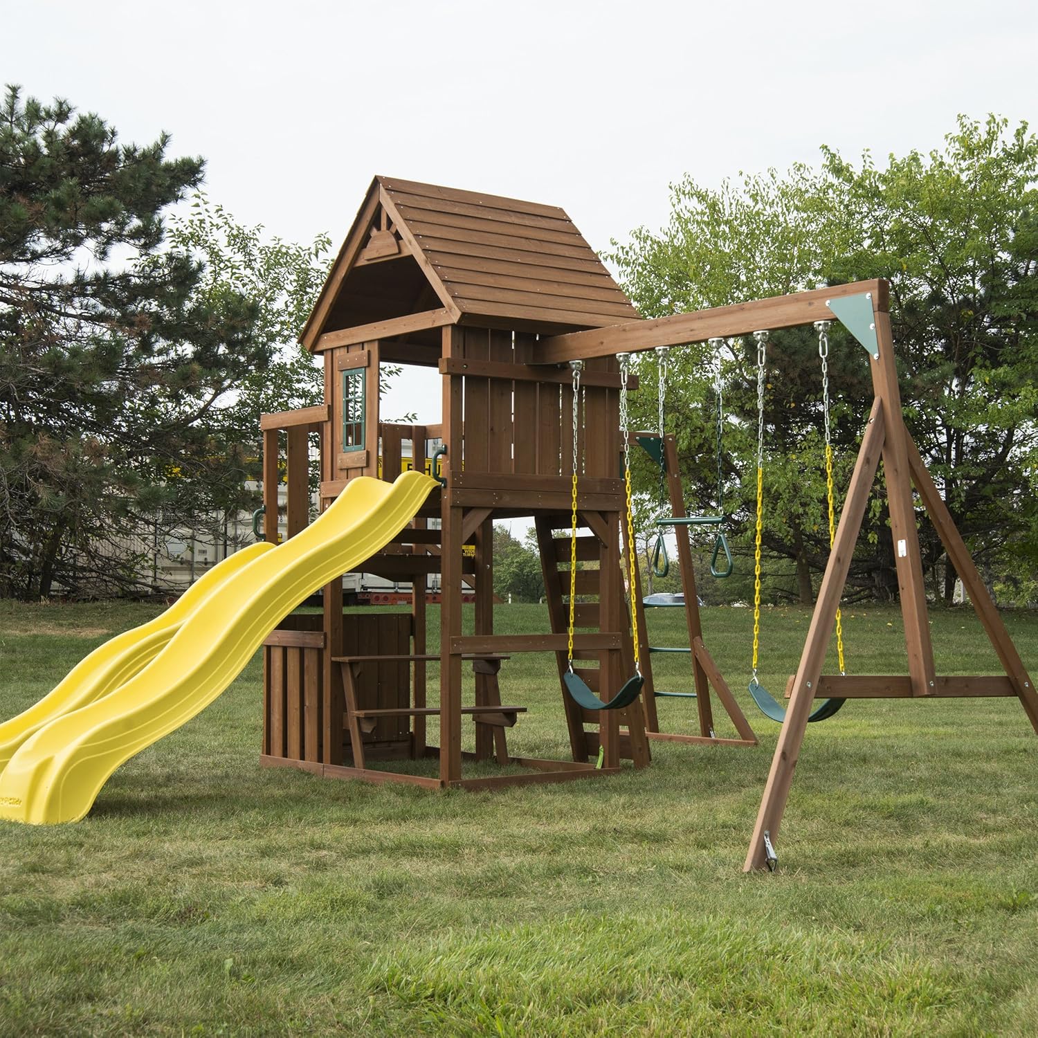Swing-N-Slide WS 8356 Wooden Timberview Play Set with Two Slides, Monkey Bars, Wood Roof, Climbing Wall and Swings, Wood , Brown