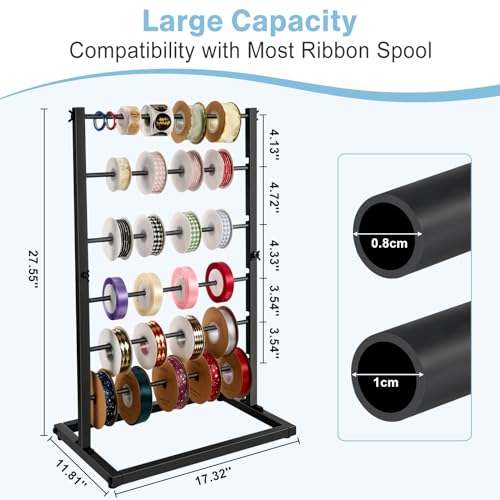 Aulin 6 Tier Large Capacity Ribbon Storage Organizer Rack - Metal Ribbon Spool Holder for Craft Ribbon Washi Tape Arts & Crafts Supplies, Ribbon Rack for Craft Room, Florist Arts Wrapping (Black)