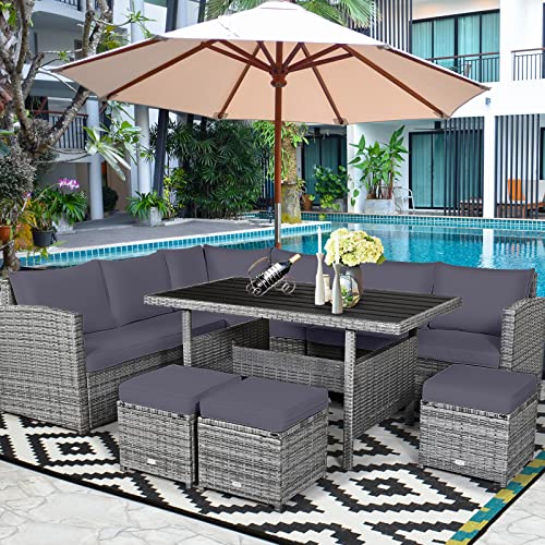 Tangkula Patio Furniture Set for 6, 7 Piece All Weather Heavy Duty PE Wicker Sectional Sofa with Dining Table and Ottomans, Rattan Conversation Set for Backyard, Deck, Poolside