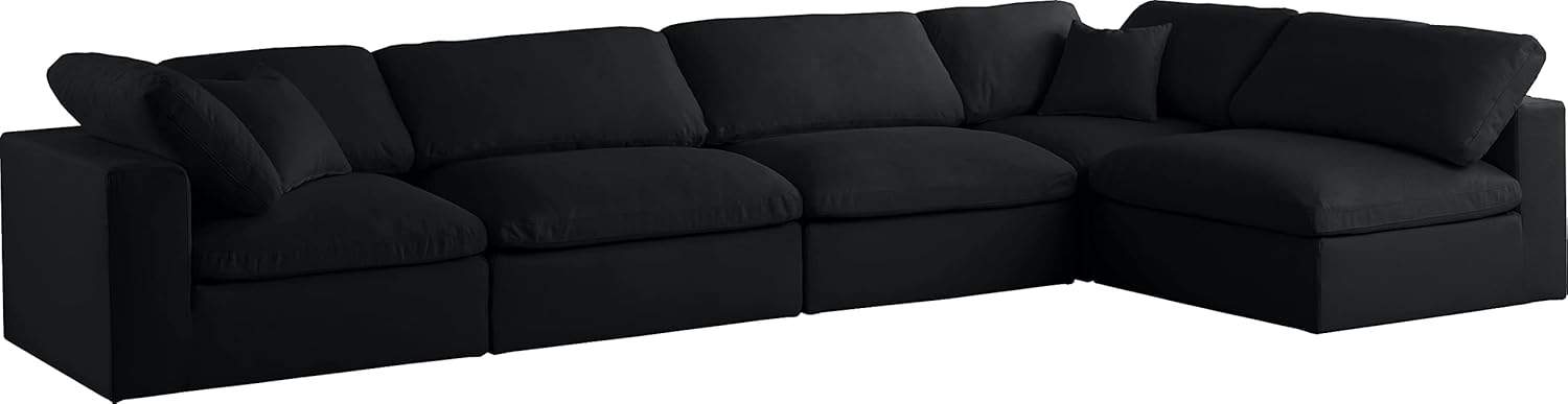 Meridian Furniture Plush Collection Contemporary Down Filled Comfort Overstuffed Velvet Upholstered Modular L-Shaped Sectional, 5-Seater, Semi-Armless, Black