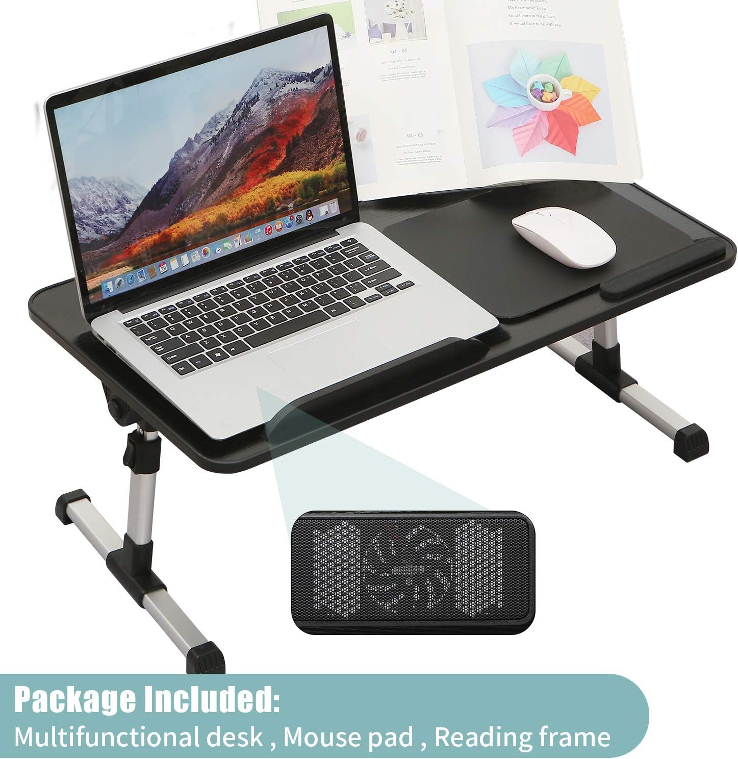 Portable Laptop Stand for Bed,Adjustable Bed Tray with USB Cooling Fan,Home Office Lap Desk,Foldable Laptop Desk with Reading Frame and Mouse Pad,Black