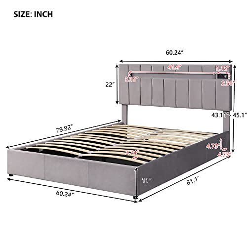 Merax Full Size Bed Frame, Upholstered Platform Bed with Headboard and Under Bed Hydraulic Storage Space, Velvet Fabric