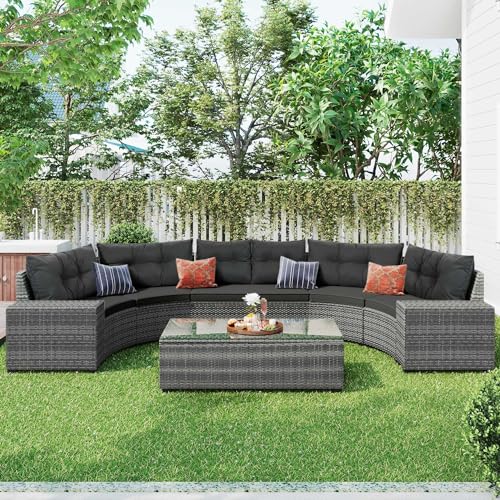 Danxee 8 Pieces Half-Moon Outdoor Patio Furniture Set Outdoor Sectional Rattan Sofa Set Manual Wicker Patio Conversation Set with Rectangular Coffee Table Movable Cushion for Yard(Beige)