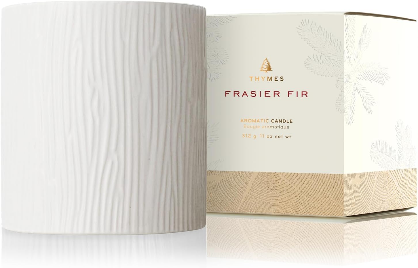 Thymes Frasier Fir Candle - Gilded Ceramic Medium Jar Candle - Scented Candle with a Luxury Home Fragrance - Elegant Holiday Candle - Single-Wick Candle - White Candle (11 oz)